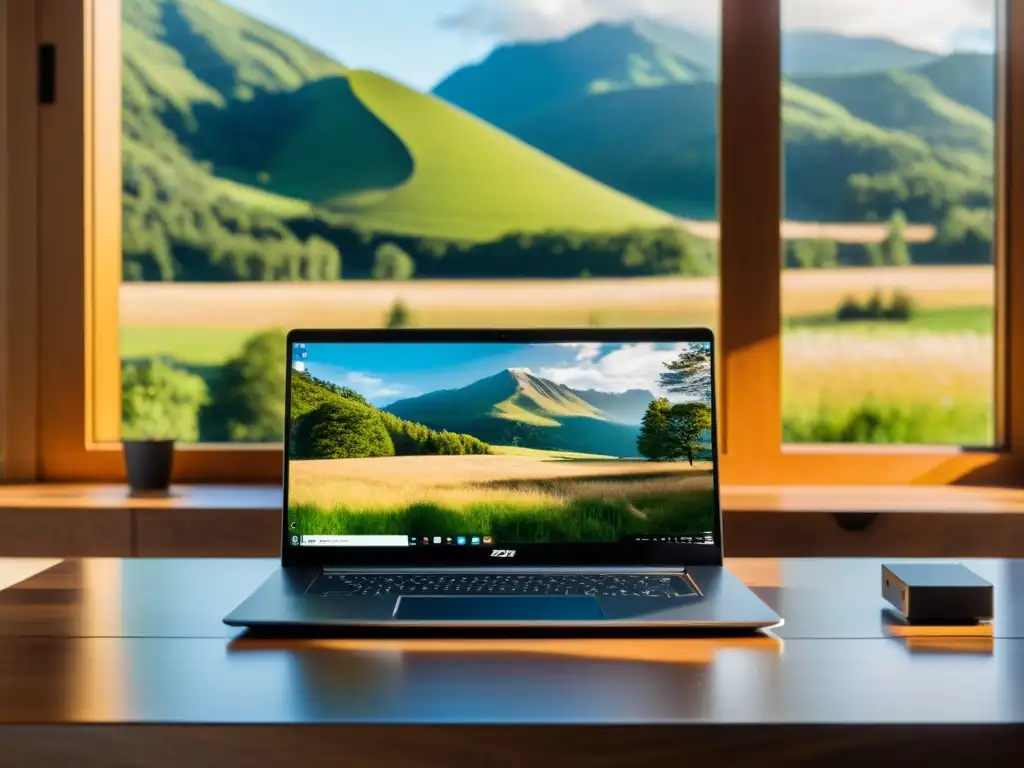 Un portátil moderno en una mesa de madera, frente a una impresionante vista natural