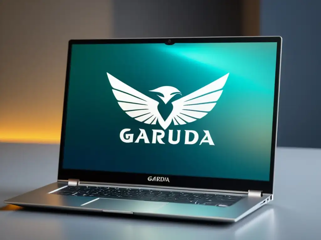 Portátil moderno con Garuda Linux distribución revisión en pantalla, reflejando su estética profesional y pulida en 8k