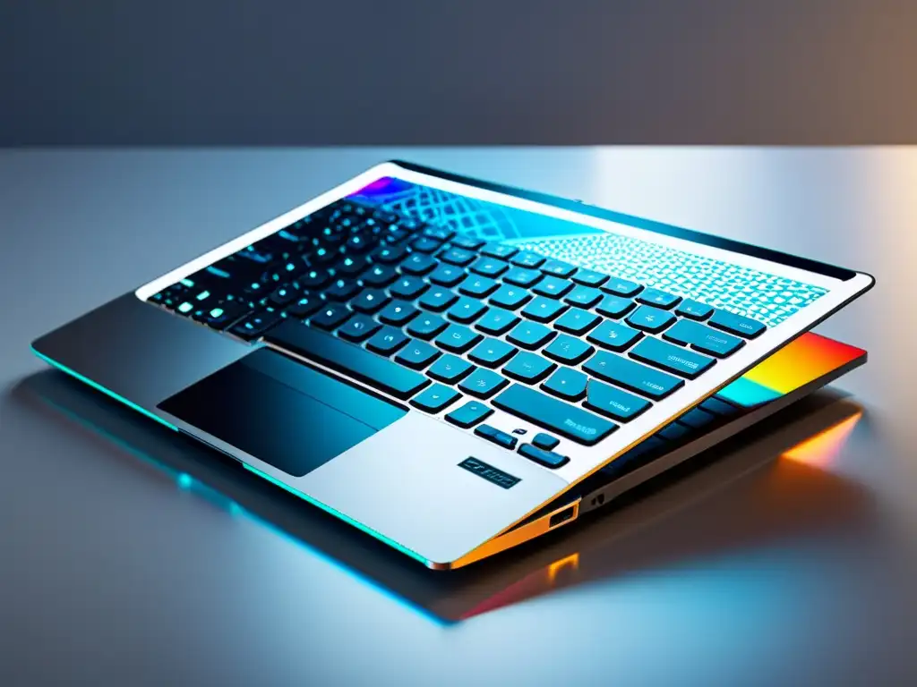 Portátil moderno con interfaz futurista Un portátil moderno con un sistema operativo alternativo emergente, teclado retroiluminado y diseño minimalista en un escritorio blanco
