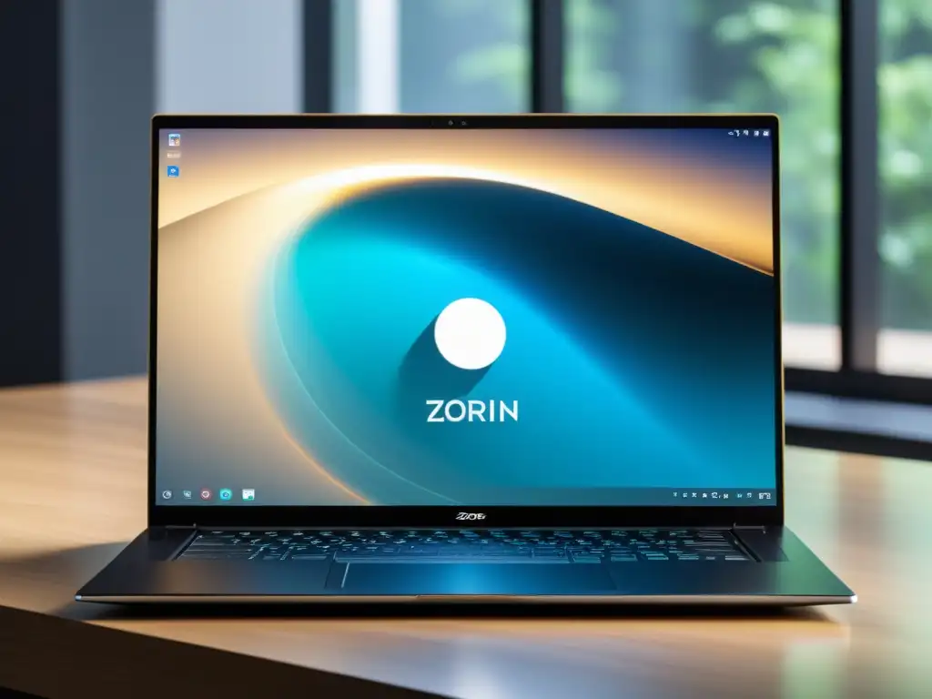 Un portátil moderno con Zorin OS en su pantalla, en un entorno sereno y profesional, ideal para reemplazar Windows