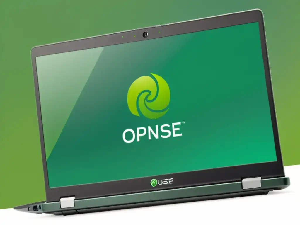 Un portátil openSUSE con una interfaz innovadora, destacando el logo de openSUSE en la pantalla