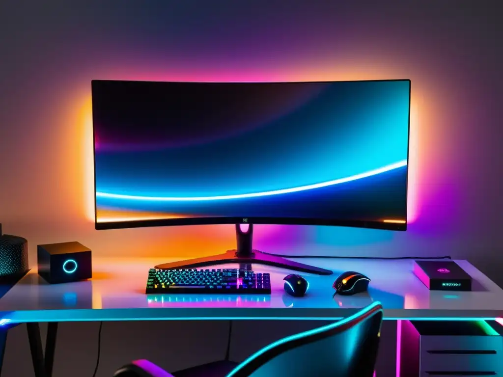 Potencial de Linux en gaming: Futurista setup de gaming con una computadora transparente y un monitor curvo ultraancho, iluminación RGB vibrante y periféricos de alta tecnología, en una habitación minimalista con atmósfera futurista