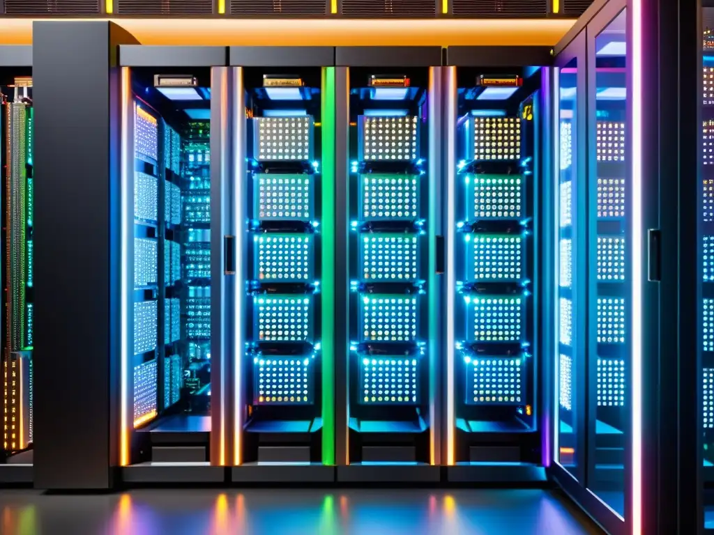 Un potente y futurista clúster de supercomputadoras con luces LED multicolores y patrones de circuitos, irradiando una suave y etérea energía