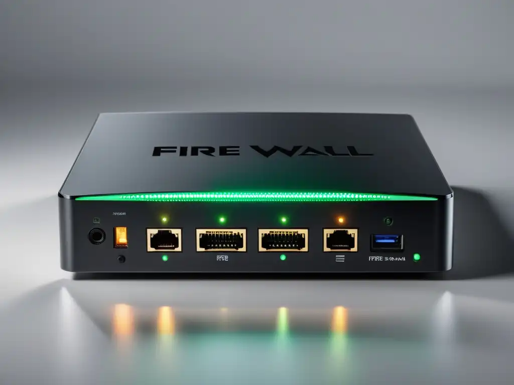 Firewall de hardware de alto rendimiento para seguridad profesional Un potente hardware especializado con diseño moderno y seguridad profesional: un firewall con múltiples puertos y luces LED, sobre fondo blanco