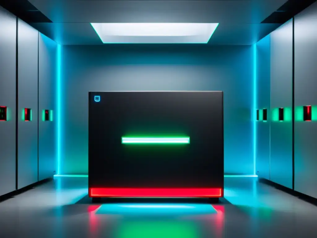 Firewall negro mate en sala de servidores futurista Un potente hardware especializado, un firewall negro mate con luces verdes y rojas parpadeantes en un elegante entorno futurista de sala de servidores