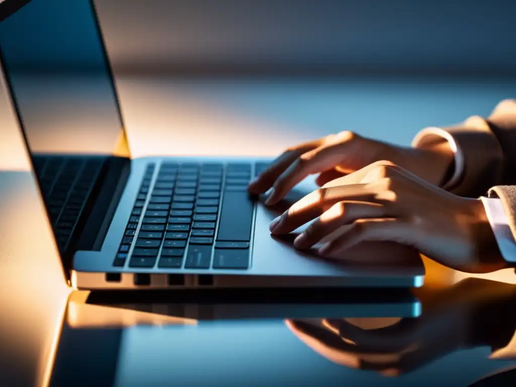 Un principiante contribuye al Software Libre, con manos tecleando en un moderno portátil, reflejando la pantalla en su rostro