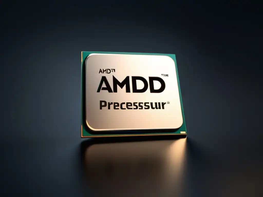 Un procesador AMD compatible con Linux descansa impecable sobre una superficie mate negra, revelando su intrincada estructura con luz natural