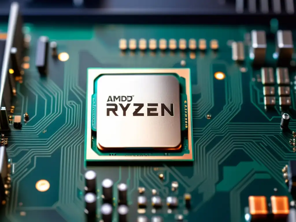 Un procesador AMD Ryzen instalado en una placa base con circuitos y componentes en detalle