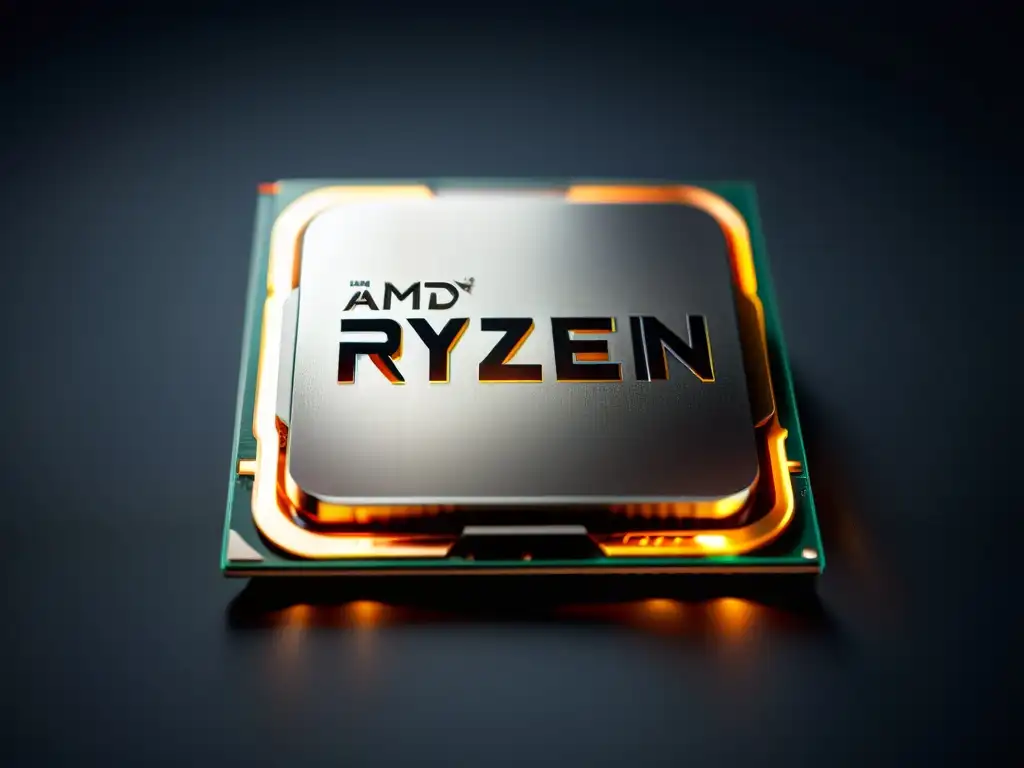 Procesador AMD Ryzen en superficie mate, con luz suave y circuitos detallados en 8k