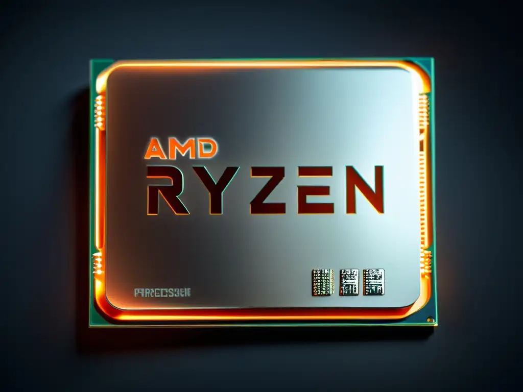 Un procesador AMD Ryzen descansa sobre una superficie mate negra, iluminado por luz natural, resaltando su intrincada tecnología