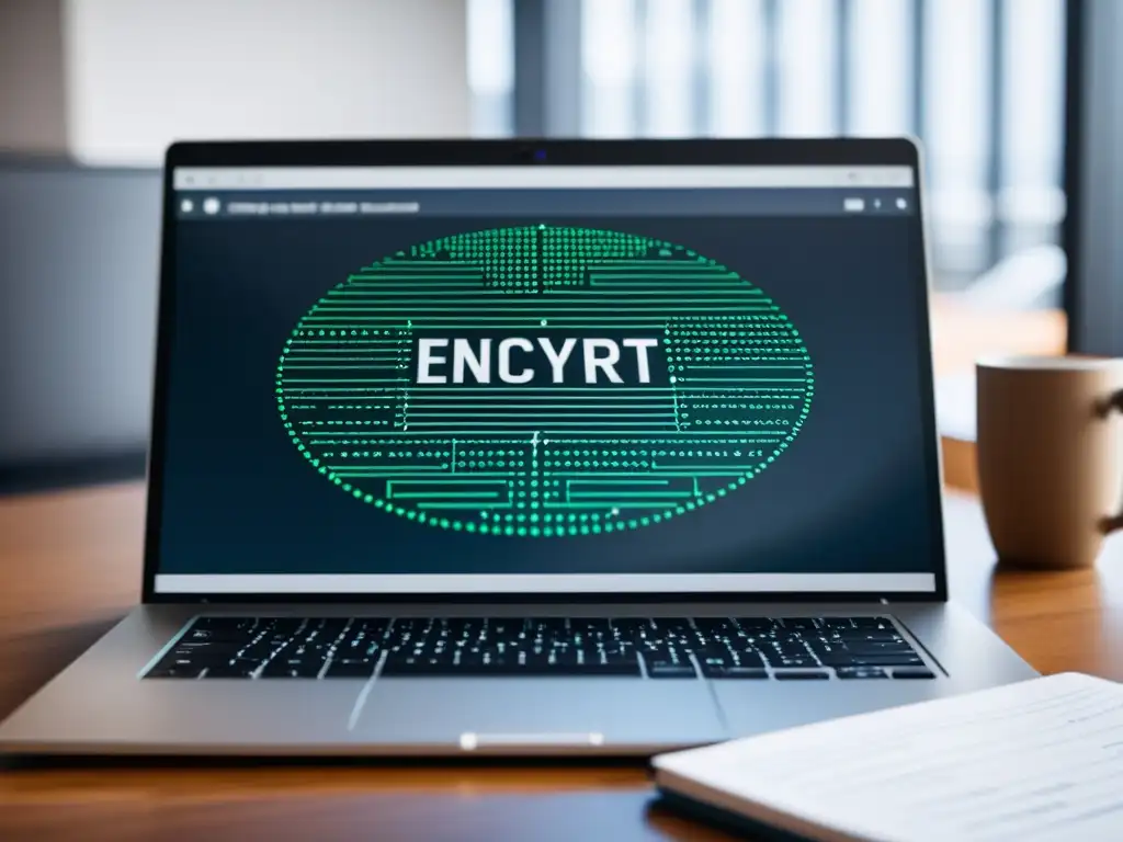 Proceso de cifrado de disco en BSD con código, algoritmos de encriptación y diagramas de seguridad, en un entorno profesional y moderno con café y teclado elegante