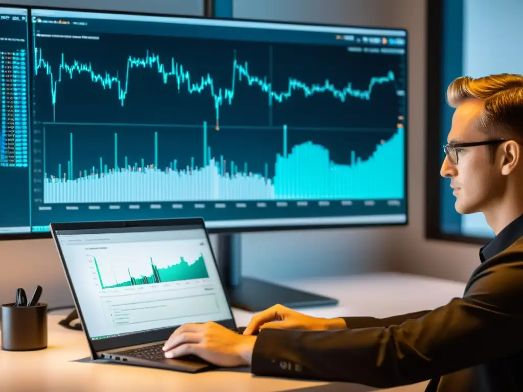 Un profesional se concentra en el análisis de datos con herramientas BI en un entorno Linux, en un ambiente moderno y enfocado