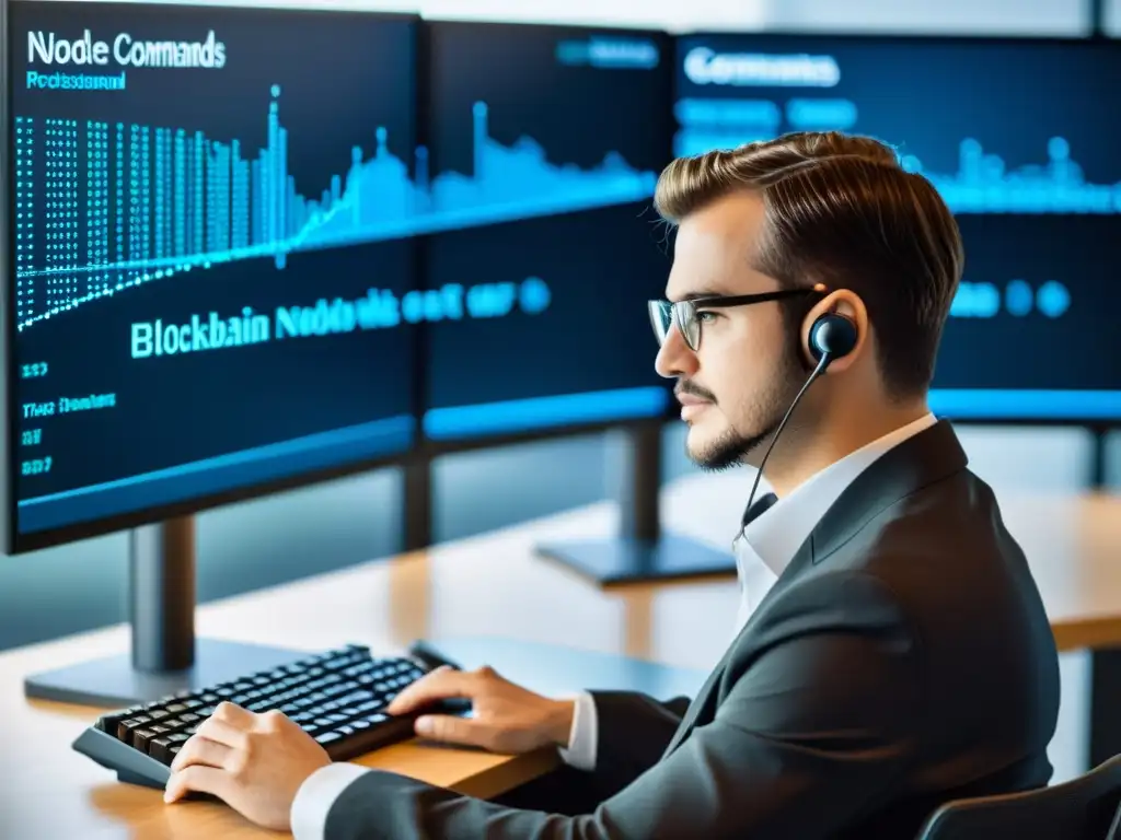 Un profesional concentradx tecleando comandos en un terminal Linux, con un diagrama de arquitectura de red blockchain en pantalla