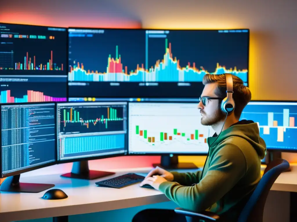 Un profesional se enfoca en un complejo proyecto de codificación en Linux con monitores múltiples que muestran código y gráficos vibrantes