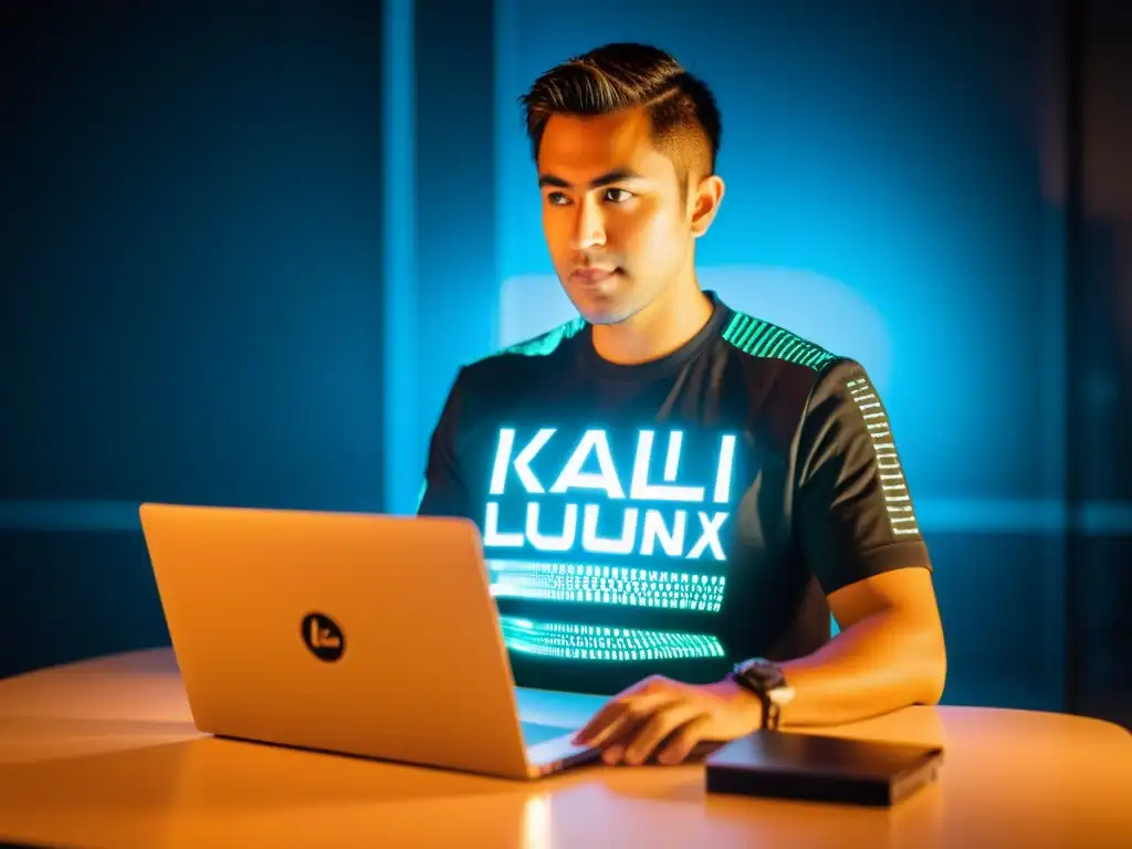 Un profesional concentrado lleva una camiseta de Kali Linux mientras trabaja en un código en su laptop en una oficina minimalista