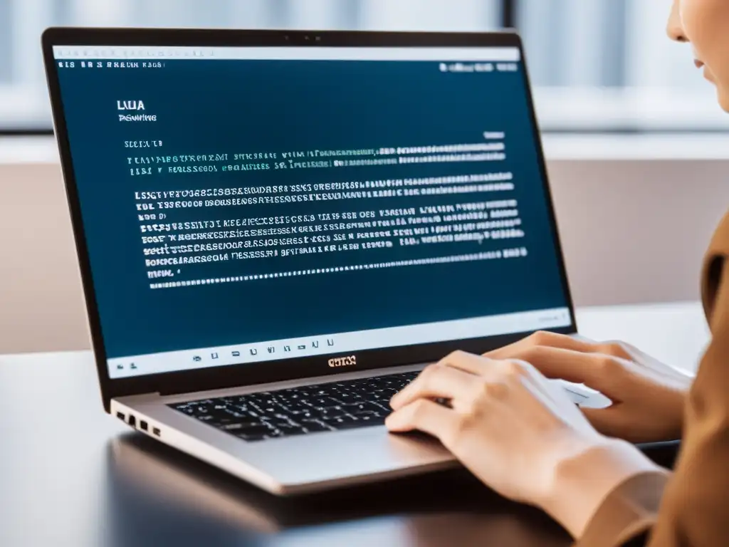Un profesional concentrado escribe código Lua en un portátil moderno en un espacio de trabajo limpio y luminoso