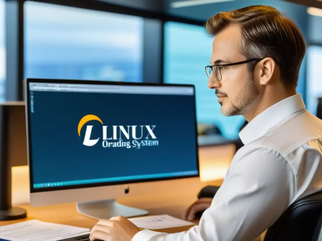 Un profesional concentrado trabaja en una computadora con el logo de Linux