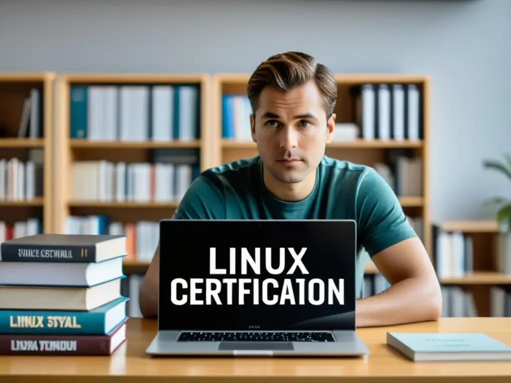 Un profesional concentrado mira su computadora, rodeado de libros de certificación Linux