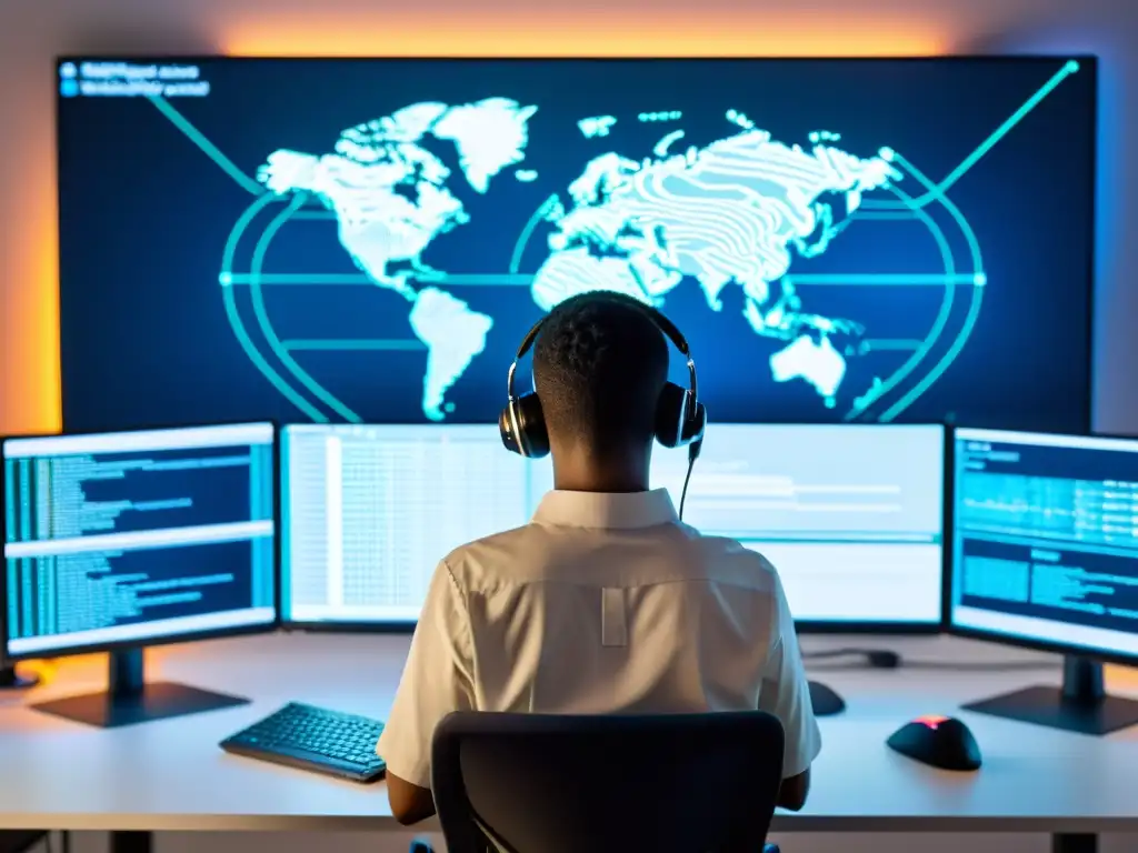 Un profesional concentrado trabaja en tareas de hacking ético con Parrot Security OS en un moderno escritorio, rodeado de monitores y código