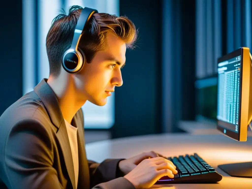 Un profesional concentrado escribe en un teclado en una habitación con poca luz, con ventanas de terminal abiertas