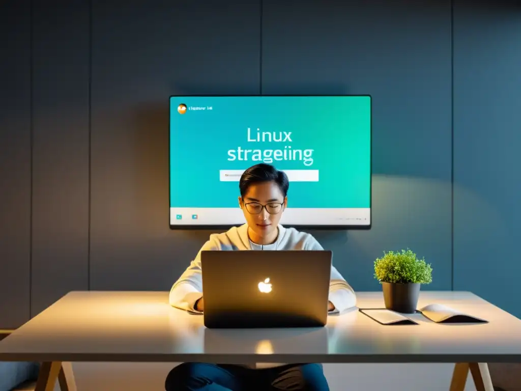 Un profesional trabajando en un espacio limpio y moderno, enfocado en estrategias de marketing digital para BSD y Linux