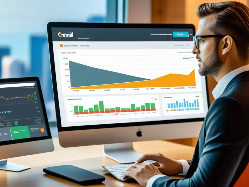 Profesional analiza estrategias de Email Marketing para Linux y BSD en su ordenador, rodeado de gráficos e información detallada