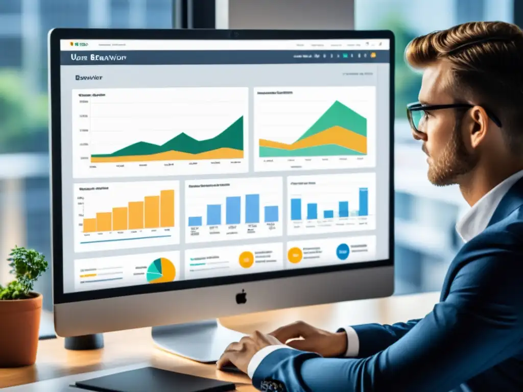 Un profesional analiza gráficos de comportamiento de usuarios en una pantalla de computadora, con herramientas de monitoreo Ecommerce