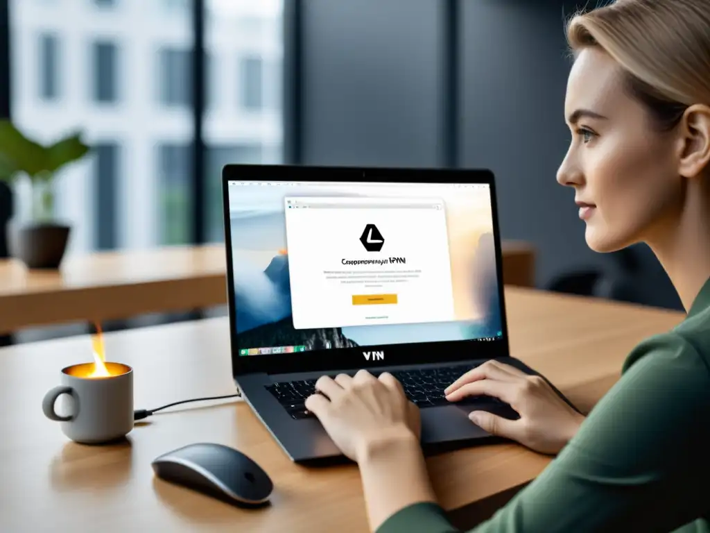 Profesional usando laptop con VPN en espacio de trabajo moderno