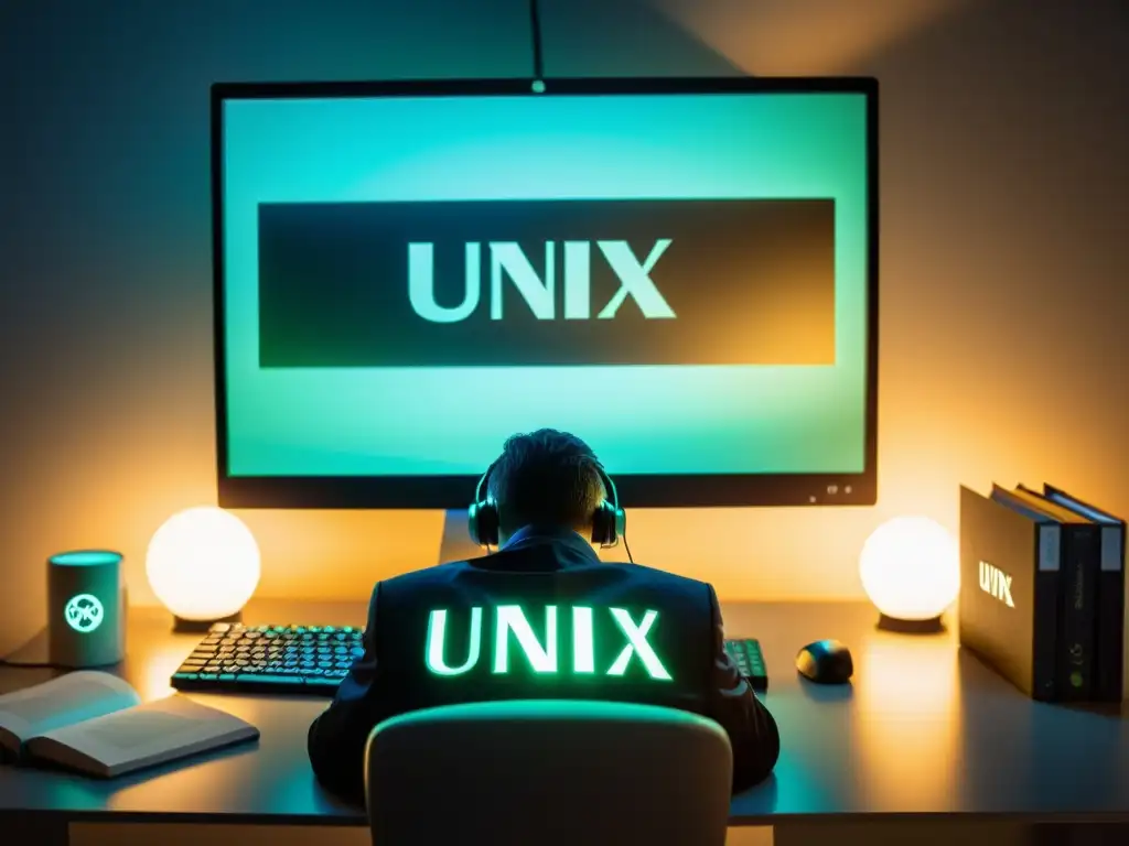 Un profesional estudia sistemas operativos alternativos rodeado de libros técnicos sobre Unix y Linux