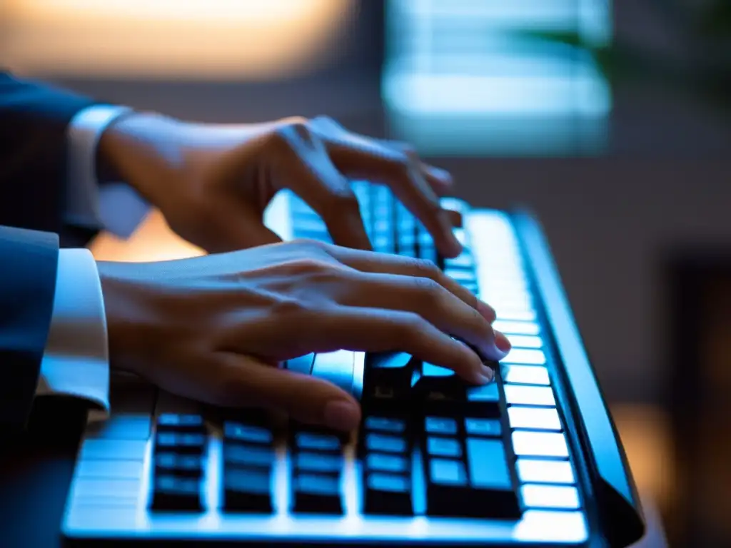 Un profesional tecleando en un teclado moderno, con iluminación suave y enfoque en las manos