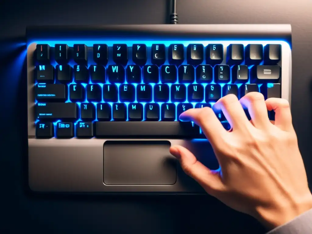 Manos ágiles en teclado moderno: detalle en alta definición Un profesional teclea rápidamente en un teclado moderno con iluminación suave