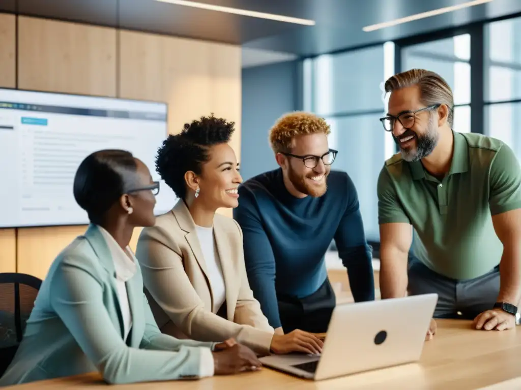 Profesionales diversos colaborando en un proyecto de software libre en un espacio de oficina moderno y abierto