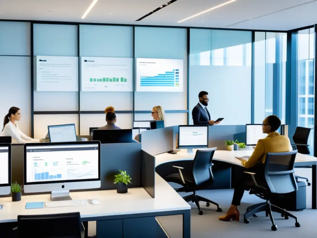 Profesionales colaborando en migración de datos a CRM Profesionales colaborando en la migración de datos a CRM en sistemas operativos alternativos, en un entorno moderno y eficiente de oficina abierta