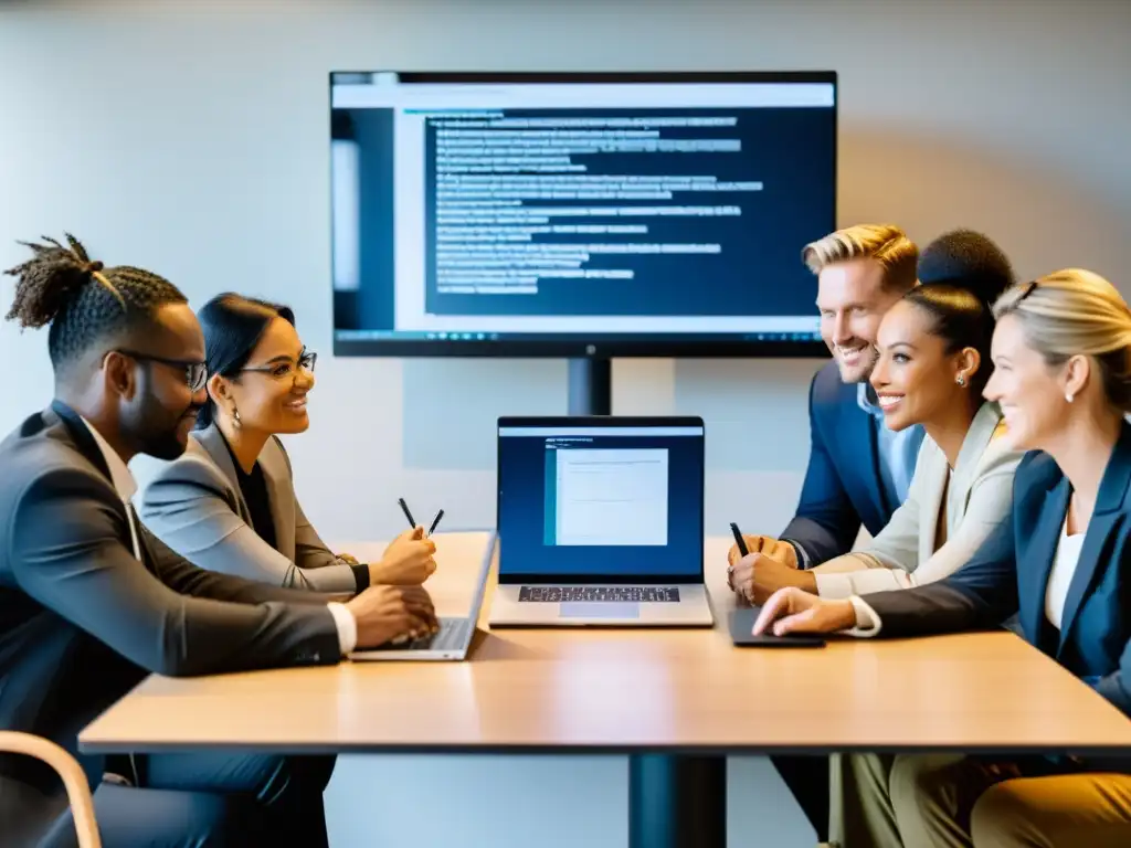 Profesionales colaborando en un plan de migración a Linux Profesionales colaborando en una migración empresarial a Linux en una oficina moderna