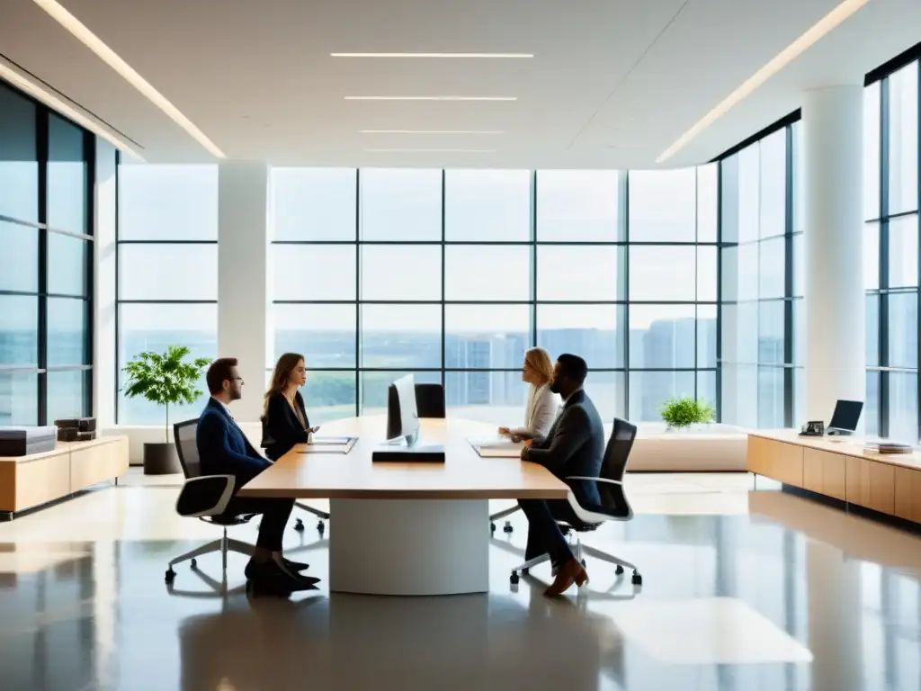 Profesionales colaborando en un moderno espacio de oficina, con ventanales y luz natural