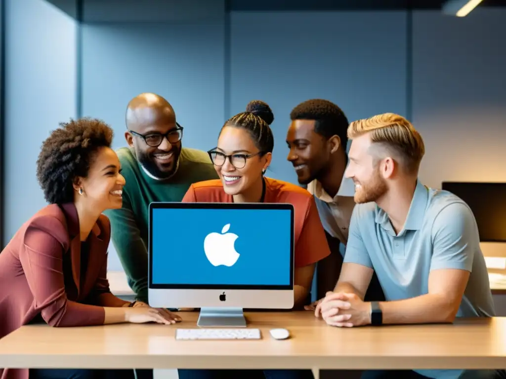 Diversidad de sistemas operativos en el trabajo Profesionales colaborando en sistemas operativos diversos en una oficina moderna