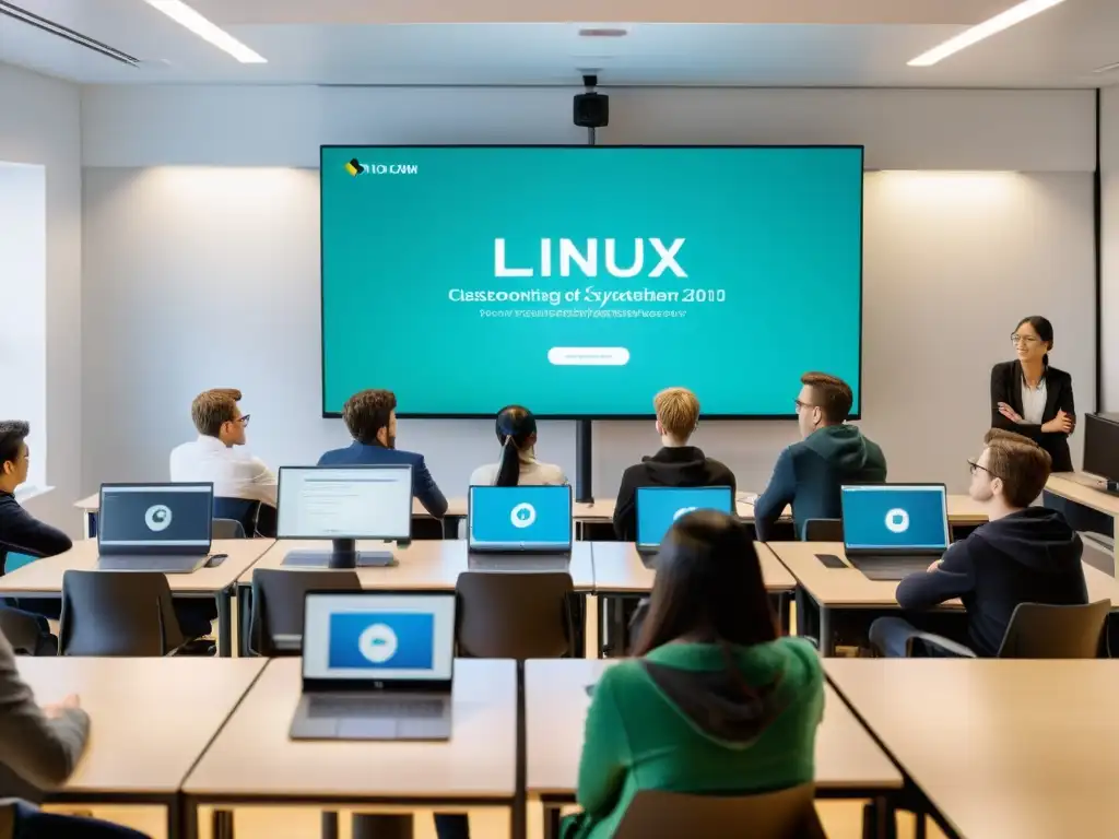 Profesor enseñando Linux en aula moderna llena de estudiantes con laptops