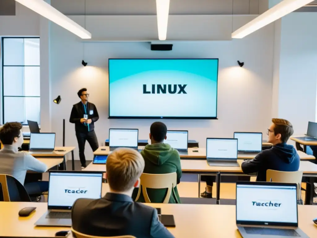 Profesor enseñando el sistema operativo Linux a estudiantes en un aula moderna y luminosa