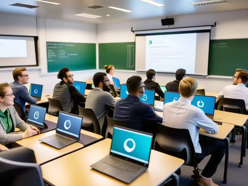 Profesor lidera discusión sobre Ventajas de Linux en educación con estudiantes usando laptops minimalistas