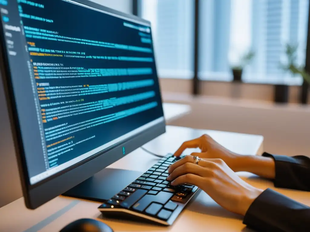 Programador C# integrando en sistema BSD en oficina moderna Un programador trabaja en código C# en un moderno espacio de oficina con sistemas BSD, mostrando productividad y profesionalismo