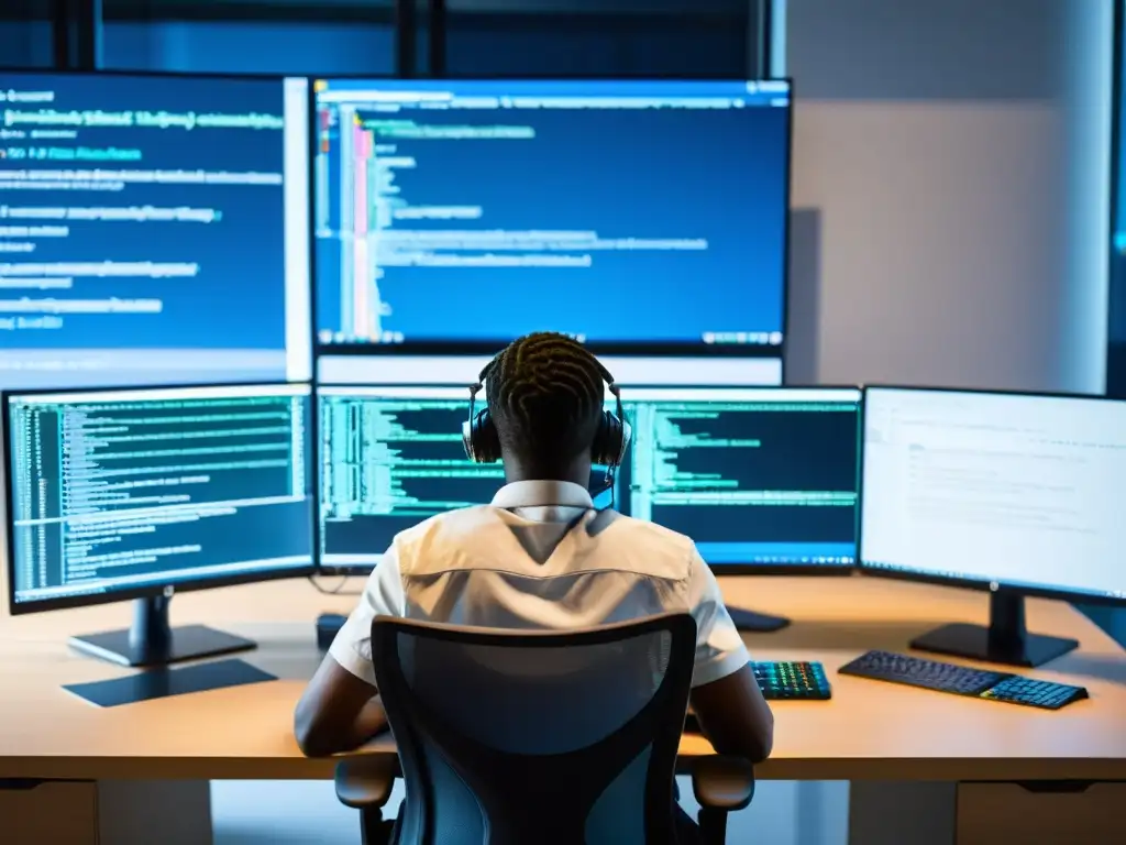 Programador trabajando en un complejo script en Python, rodeado de monitores y una oficina moderna