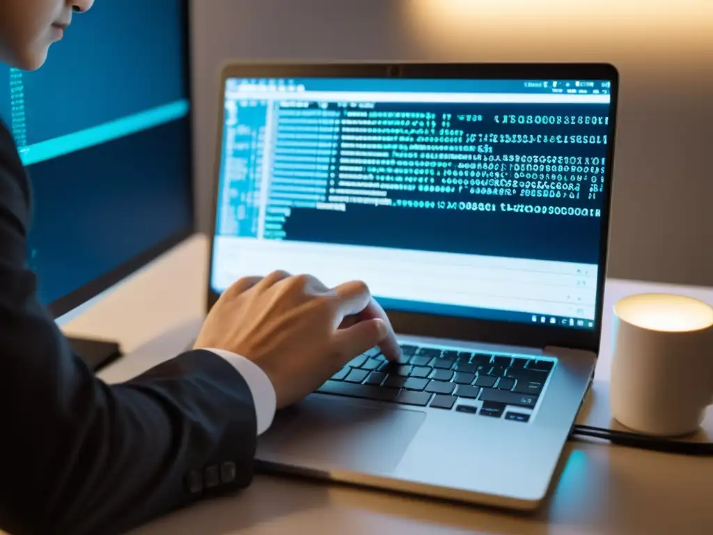 Un programador concentradamente codifica en un portátil con Linux, reflejando la filosofía del software libre