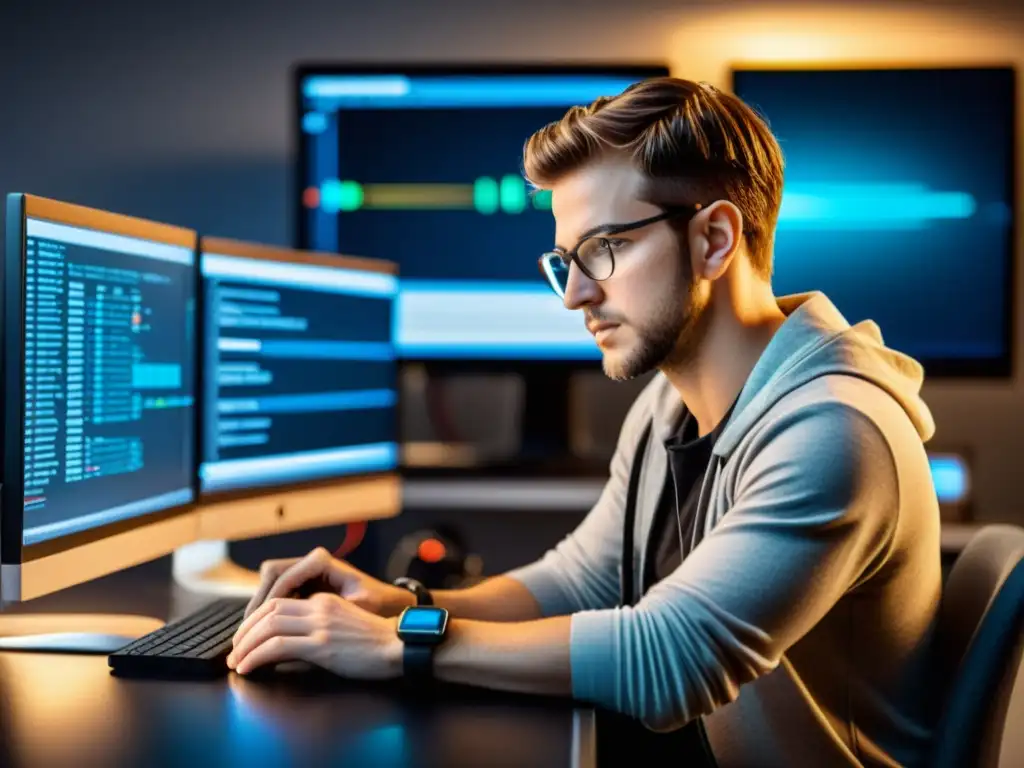Un programador concentrado optimizando código para arquitectura ARM, en un espacio minimalista y profesional