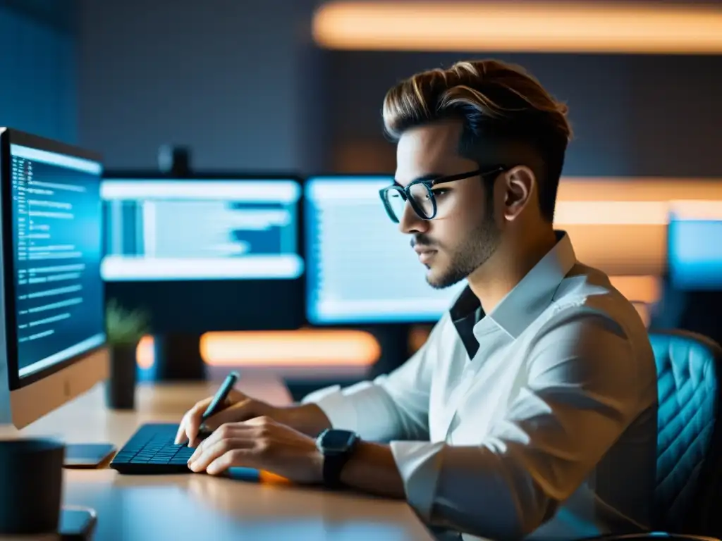 Programador concentrado trabajando en código en un elegante espacio de oficina minimalista, reflejando líneas de código en sus gafas