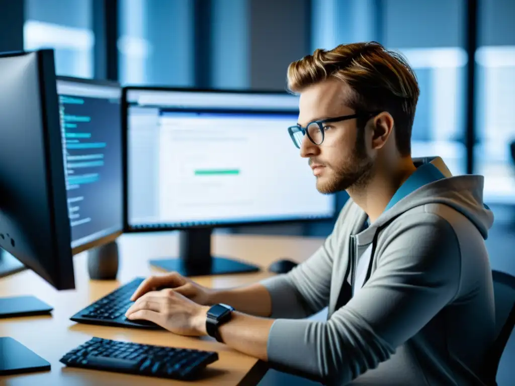 Programador concentrado en código en un espacio minimalista y moderno, utilizando BSD