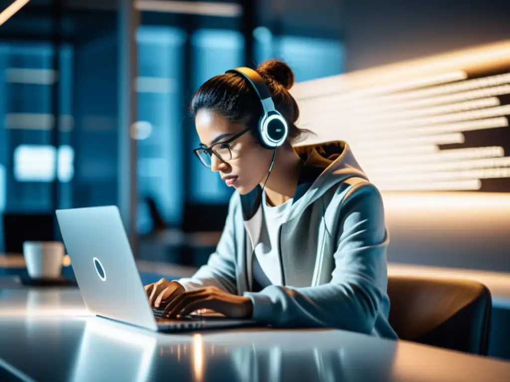 Programador concentrado en laptop, con código en pantalla, en un moderno espacio de oficina