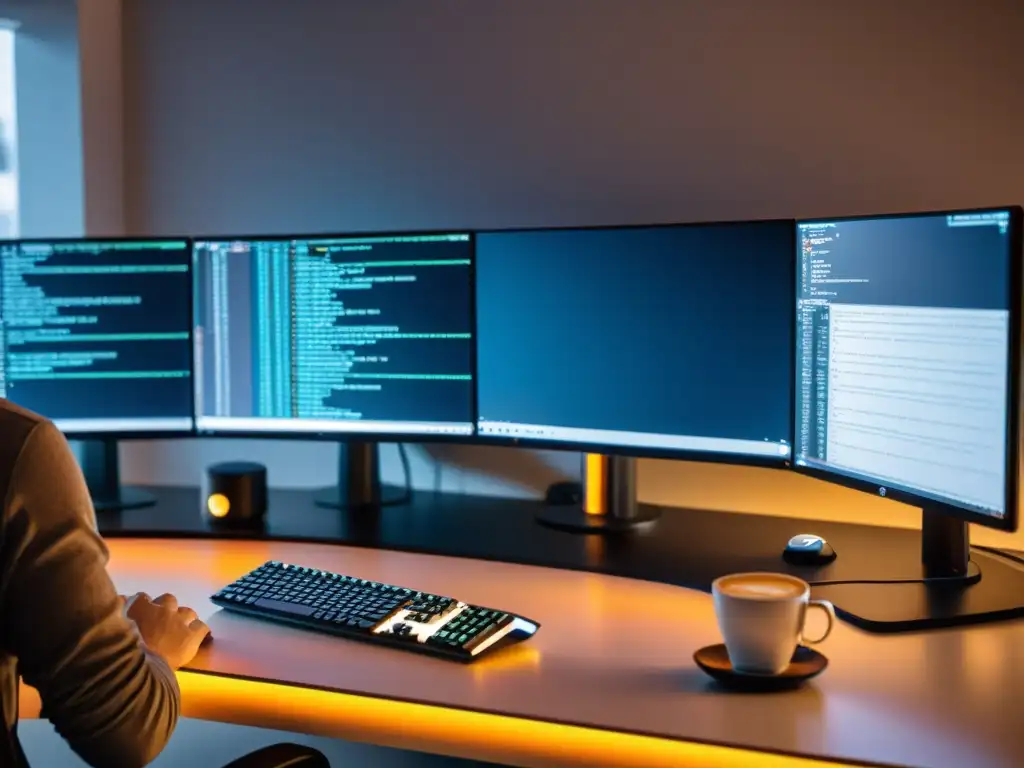 Un programador enfocado en Desarrollo Full Stack en Linux, con monitores mostrando líneas de código y una taza de café