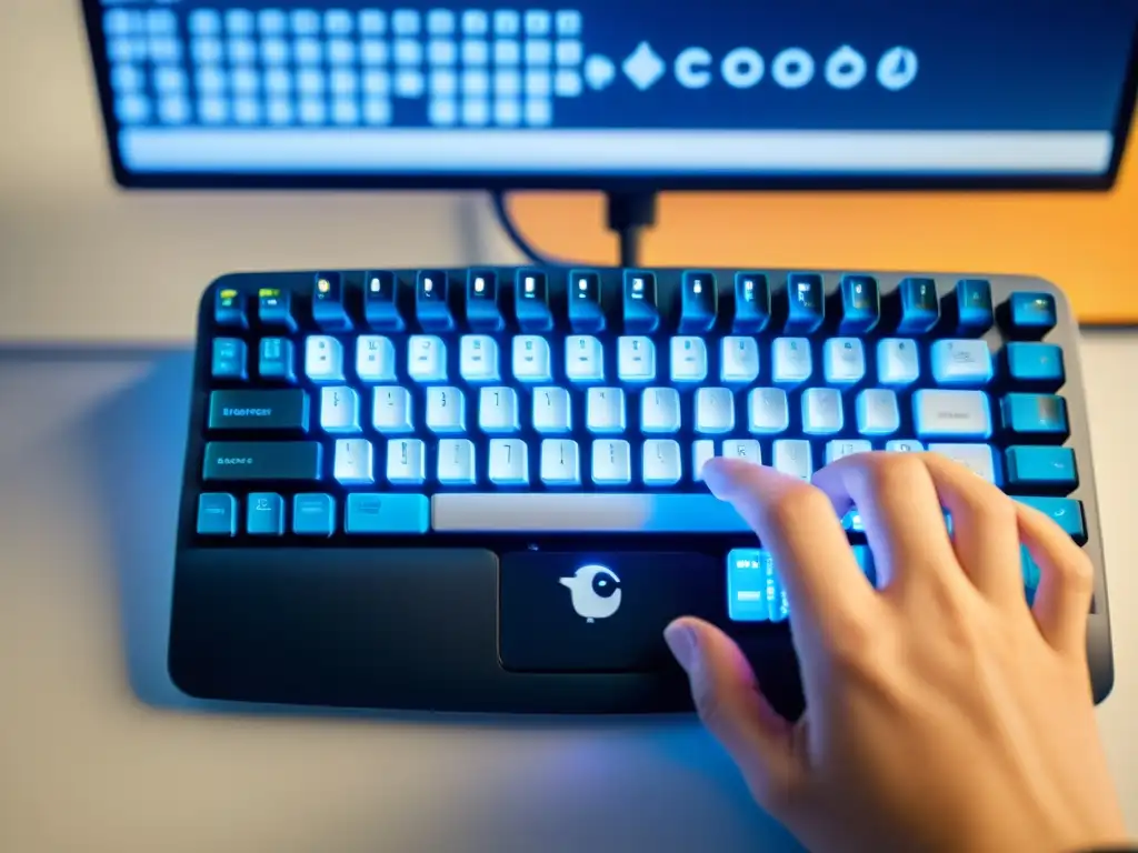 Un programador experto escribe líneas de código en un teclado moderno, con el logo del pingüino de Linux en el fondo