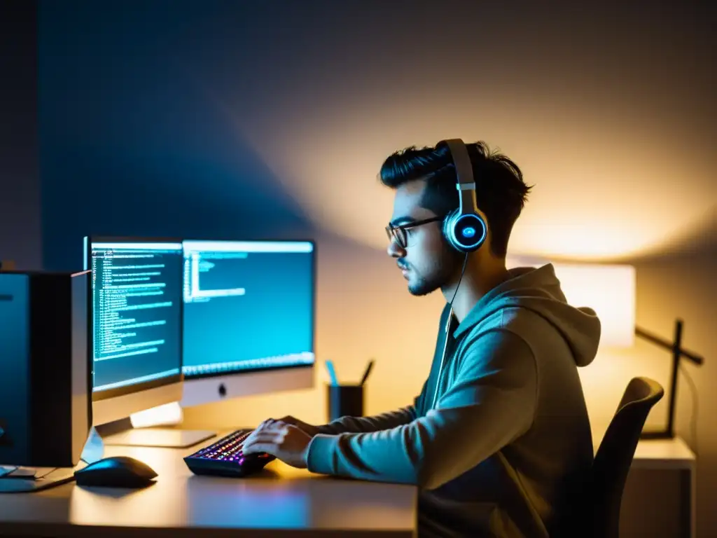 Programador experto en C# en un espacio minimalista Un programador experto en sistemas BSD con C# trabaja en un ambiente minimalista y organizado, rodeado de tecnología de alta calidad