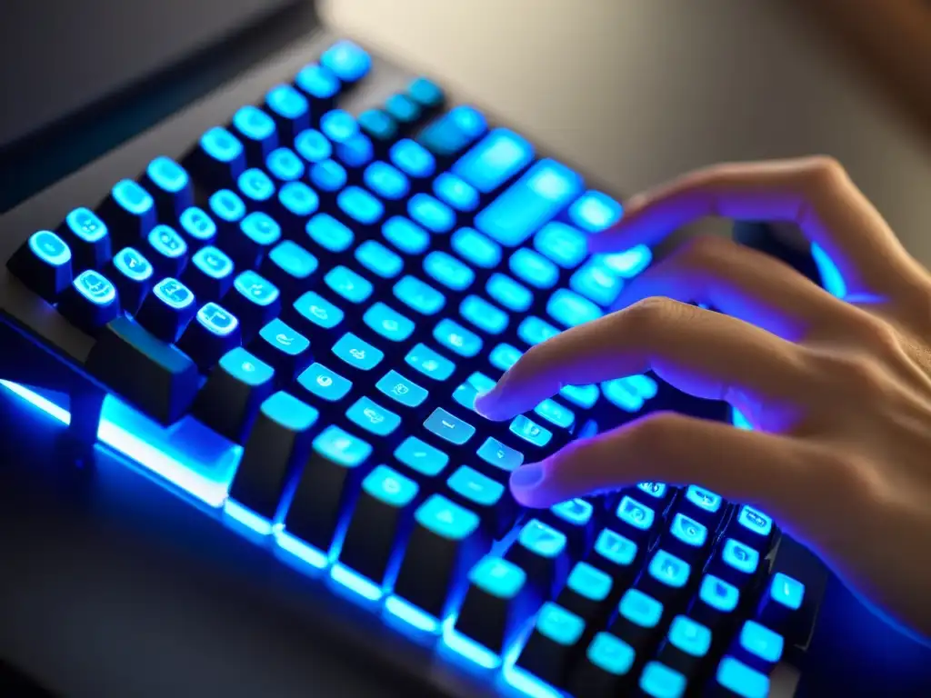 Un programador experto teclea con precisión en un teclado iluminado, capturando la intensidad del desarrollo de aplicaciones multiplataforma Qt